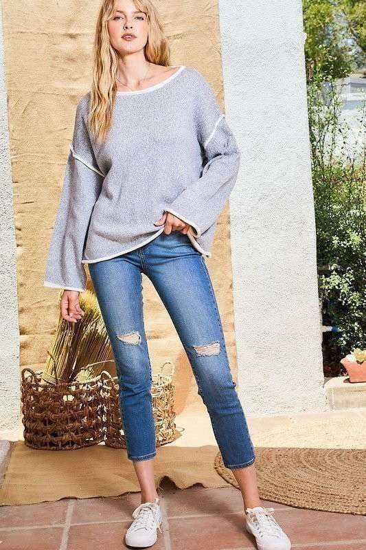 Contrast Pipping Oversize Solid Sweater