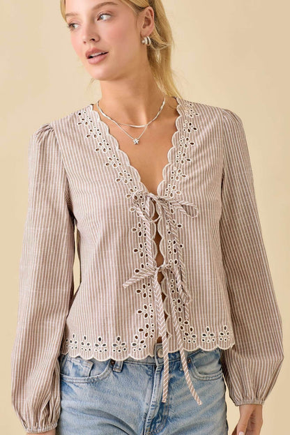 V-neck Scallop Embroidered Top With Front Tie