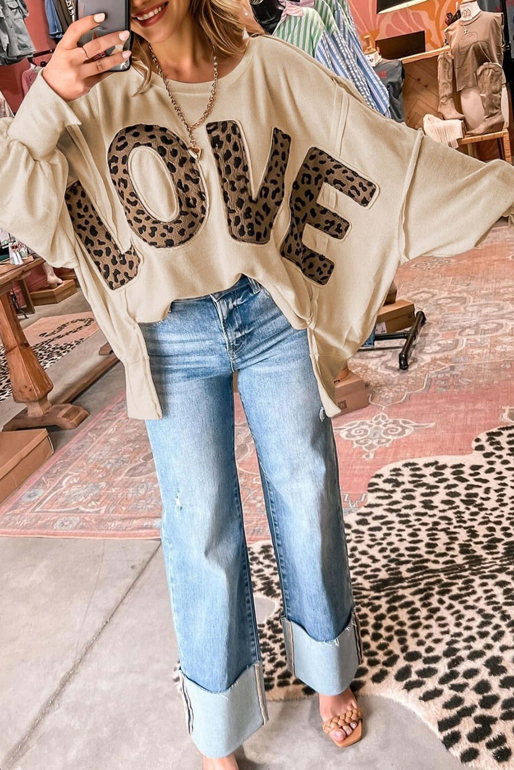 Oversized Leopard LOVE Patched Sweatshirt