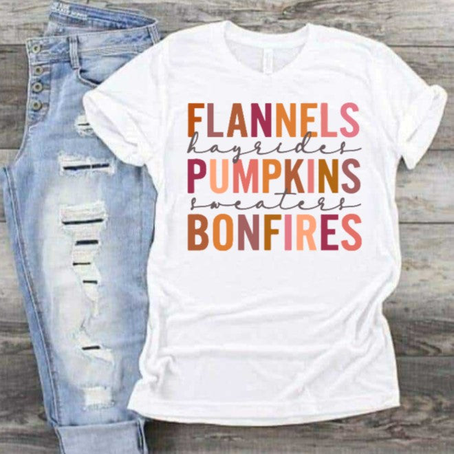 Flannels Pumpkins Bonfires shirt with autumn-themed text design.