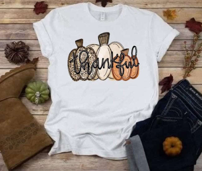 Thankful T-shirt with festive pumpkin design for fall gratitude expression.