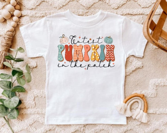 Cutest Pumpkin in the Patch shirt for kids with colorful pumpkin design.