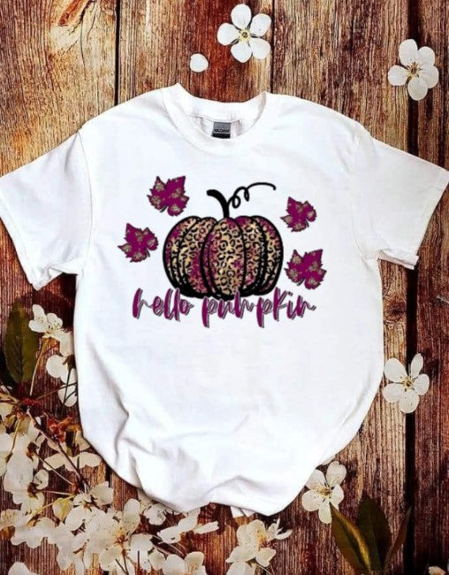 White T-shirt with "Hello Pumpkin" design featuring leopard print pumpkin and purple leaves, perfect for fall.