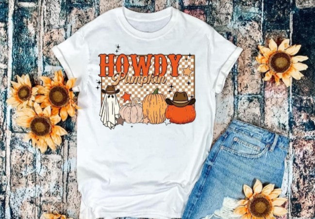 Howdy Pumpkin Tshirt with ghost and pumpkin graphic, perfect for fall and Halloween.