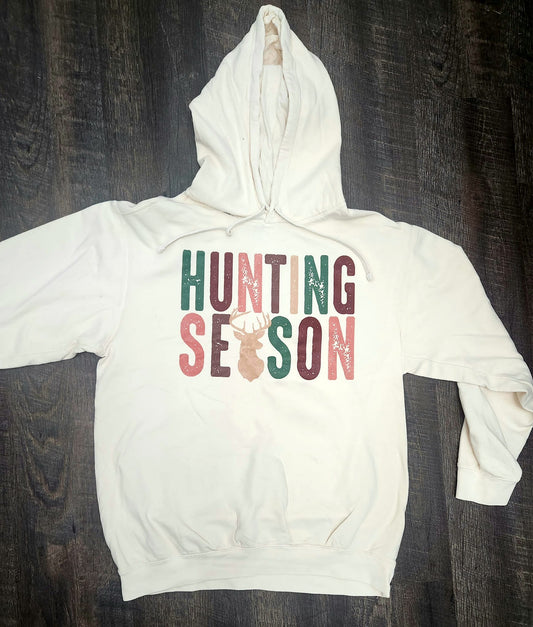 Hoodie with "Hunting Season" text, Gildan brand, 50/50 blend.