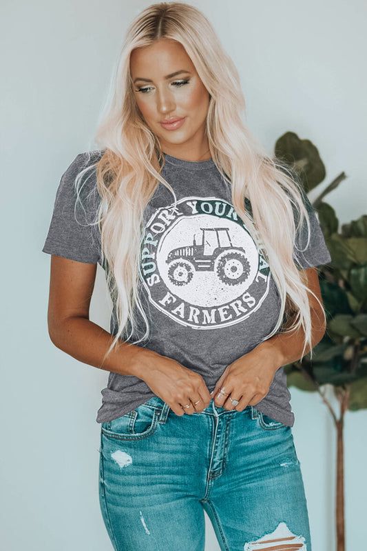 Gray "Support Your Local Farmers" graphic t-shirt with tractor design.