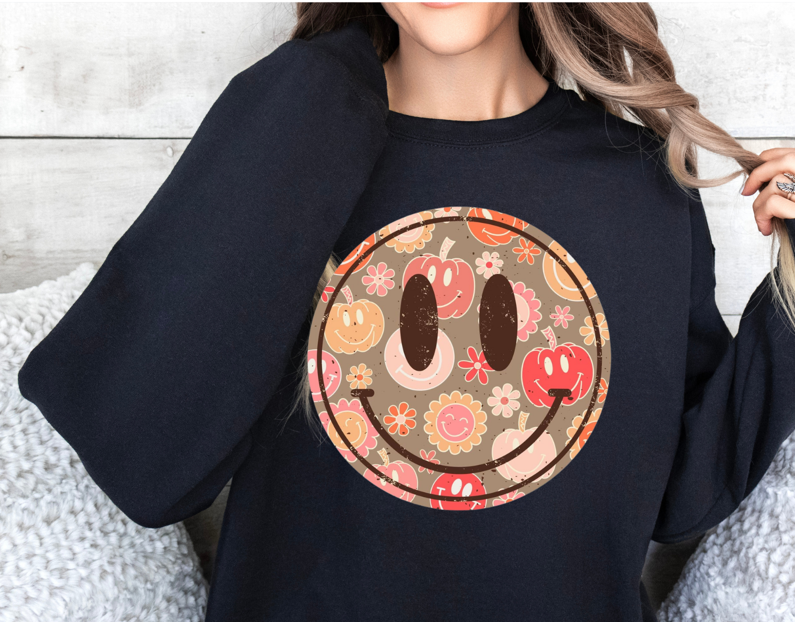 Fall Smiley Face shirt with playful autumn design on soft fabric.