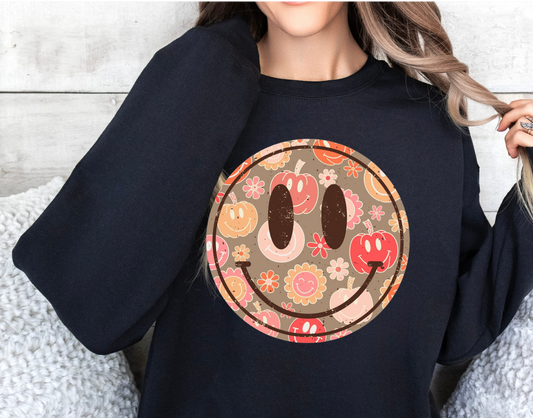 Fall Smiley Face shirt with playful autumn design on soft fabric.