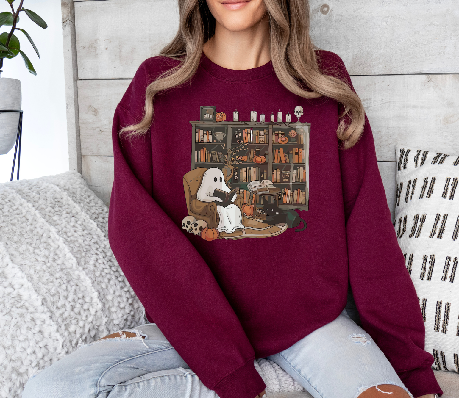 Ghostly Library shirt featuring ghosts with bookshelves, perfect for spooky book lovers.