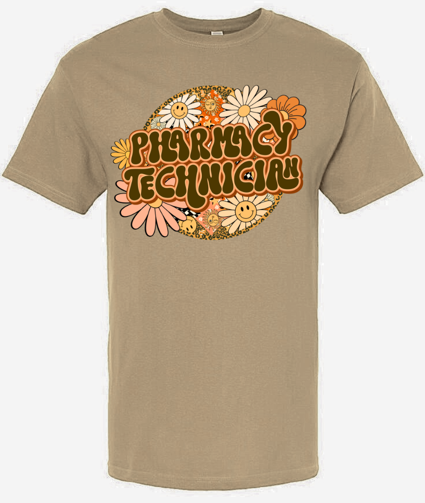 Retro Pharmacy Technician shirt with floral design and nostalgic style.