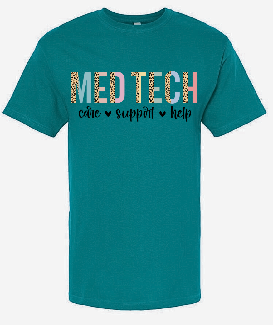 Med Tech- Care Support T-shirt in teal with quirky design.