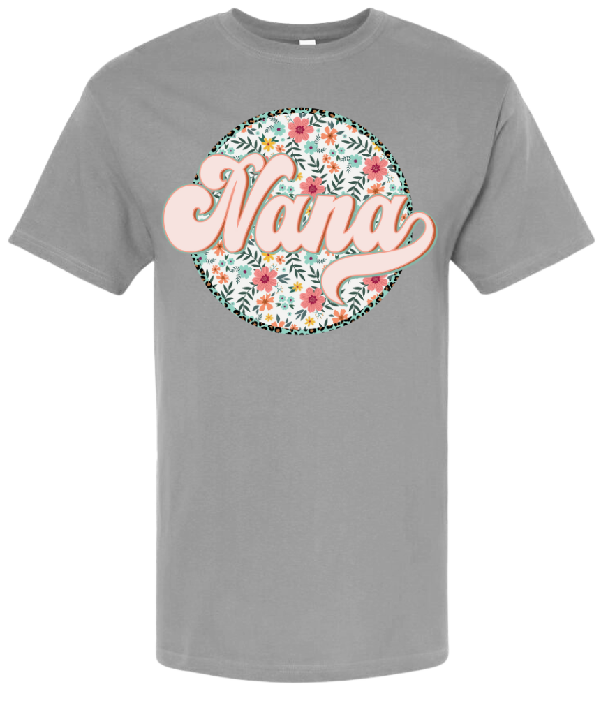 Nana shirt with floral design on gray T-shirt.