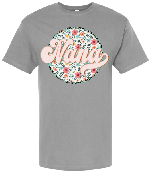 Nana shirt with floral design on gray T-shirt.