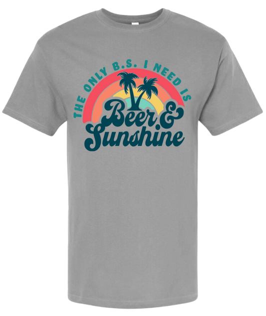 T-shirt with "The Only BS I Need Is Beer and Sunshine" graphic, palm trees, and rainbow design.