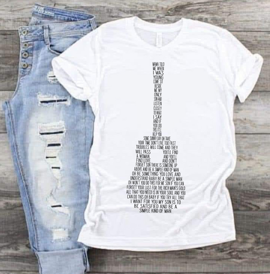 Simple Man shirt with guitar graphic and text design, paired with ripped jeans.