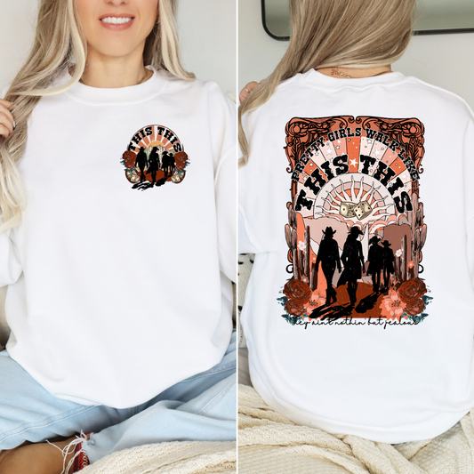 Pretty Girls Walk sweatshirt featuring confident walk design, front and back view.