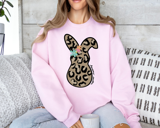 Bunny Shirt with leopard print design on pink sweatshirt for Easter.