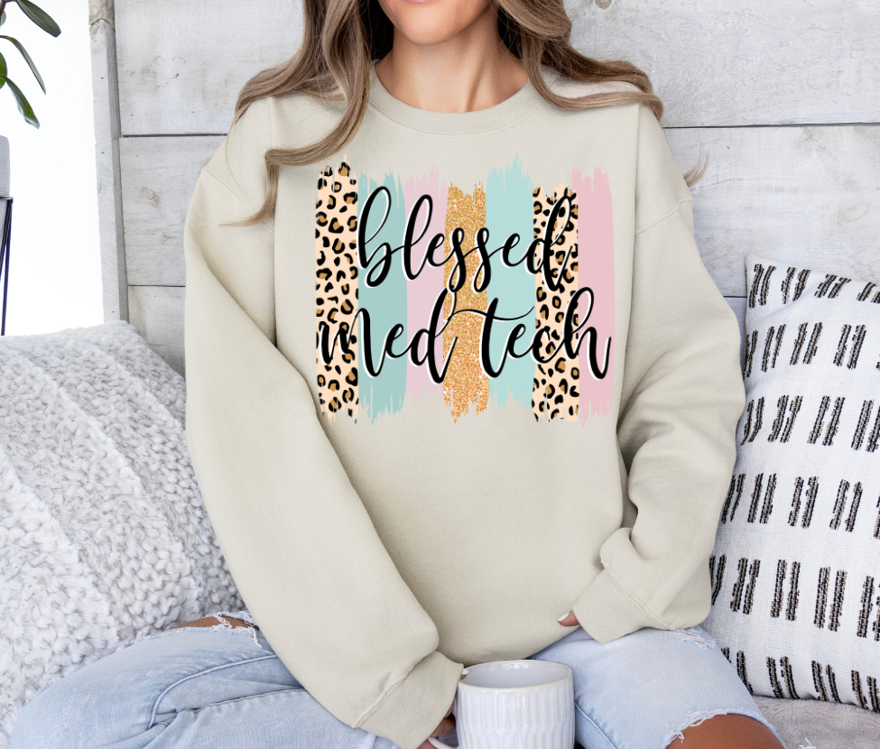 Blessed Med Tech shirt with leopard print and colorful design, perfect for medical enthusiasts.