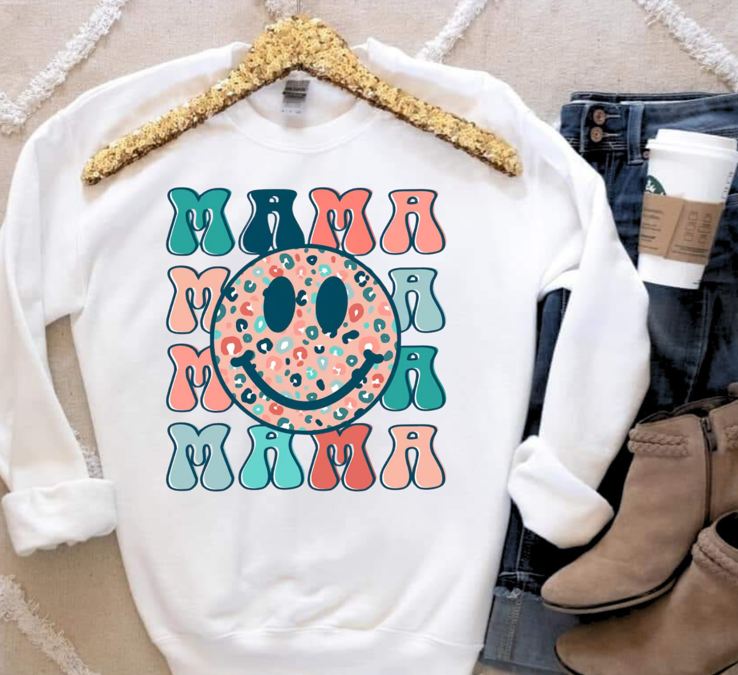 Mama Smiley Face Shirt with playful design, soft and comfortable for everyday wear.