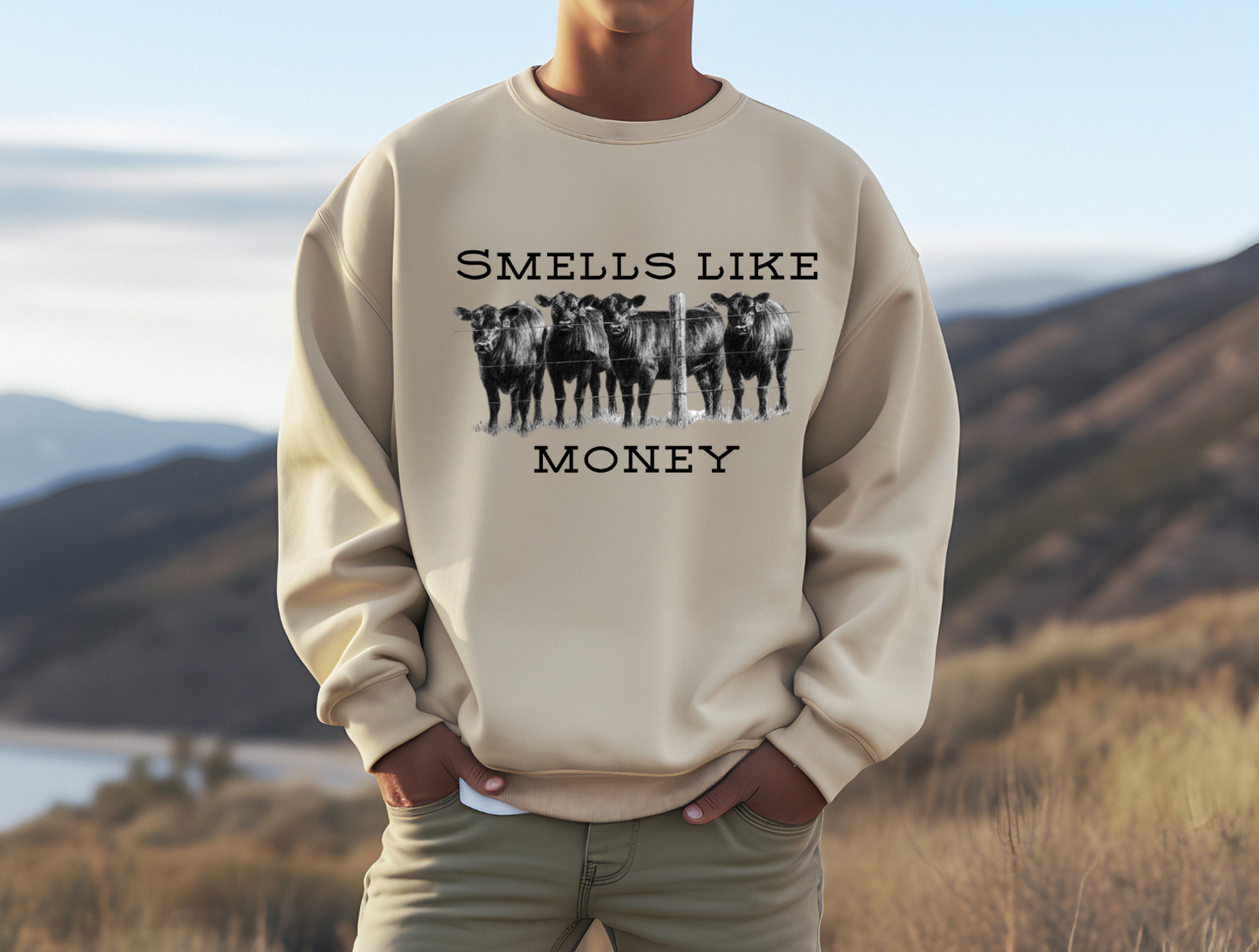 Smells Like Money sweatshirt featuring quirky cow design.