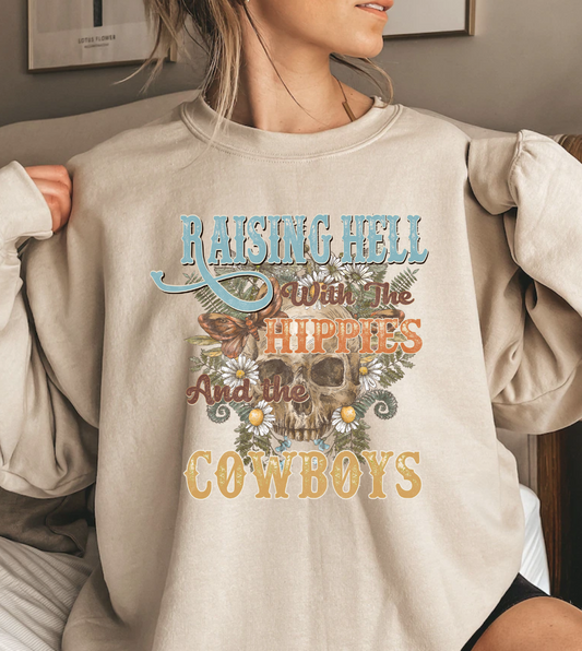 Raising Hell with the Hippies and the Cowboys shirt, vibrant design, comfortable fit.