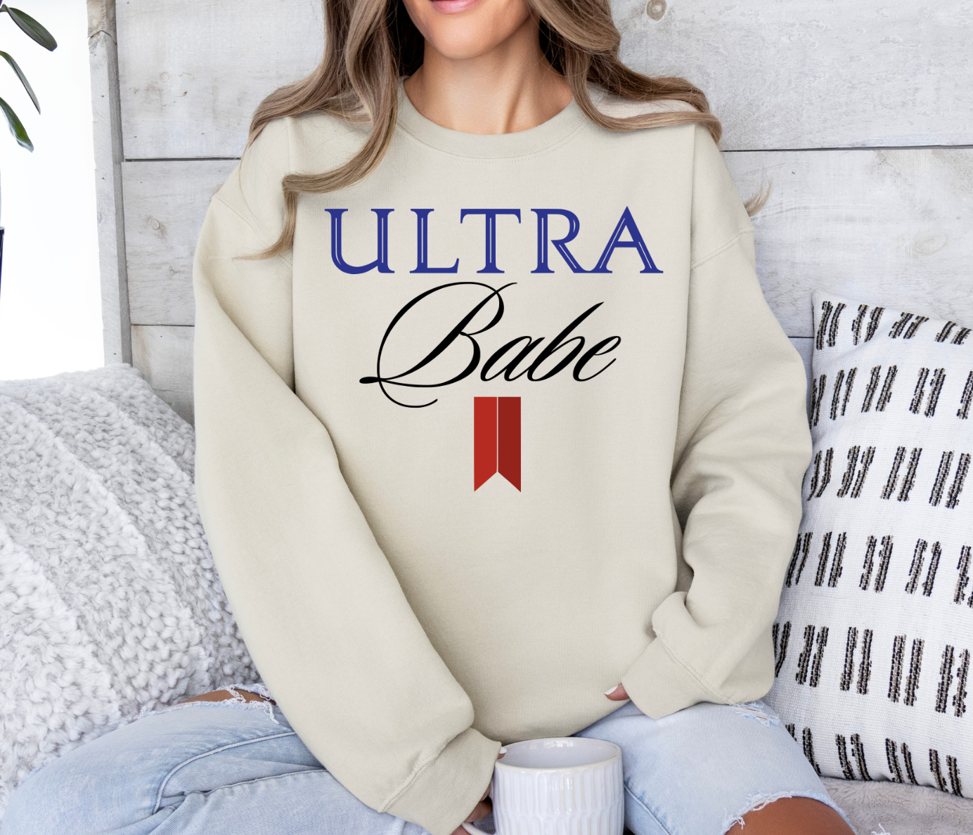 Ultra Babe T-shirt with Michelob Ultra logo design on a cozy sweatshirt.