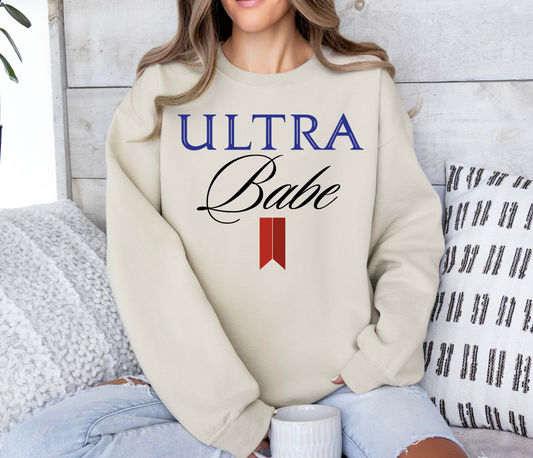 Ultra Babe T-shirt with Michelob Ultra logo design on a cozy sweatshirt.