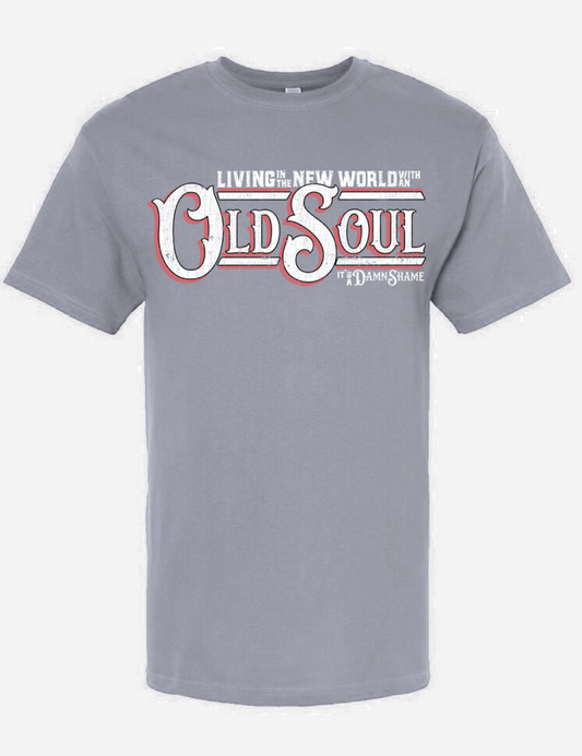 T-shirt with "Living In A New World With An Old Soul" text design, blending timeless style and modern flair.