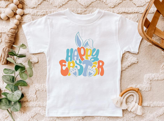 Happy Easter shirt with colorful bunny design, perfect for holiday celebrations.