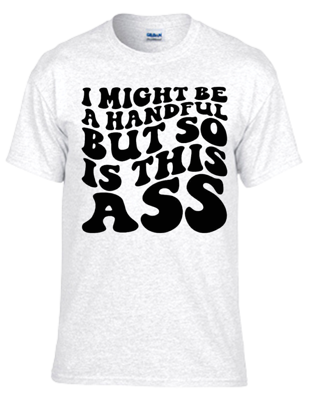 T-shirt with "I Might Be A Handful But So Is This Ass" playful text.
