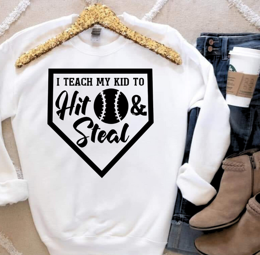 T-shirt with "I Teach My Kid to Hit & Steal" design for young baseball enthusiasts.