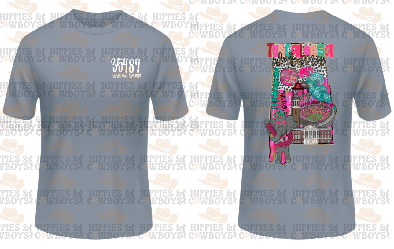 35487 Tuscaloosa shirt with Big Al collage design on front and back.