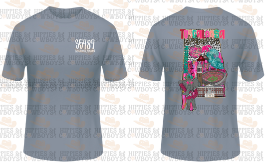 35487 Tuscaloosa shirt with Big Al collage design on front and back.