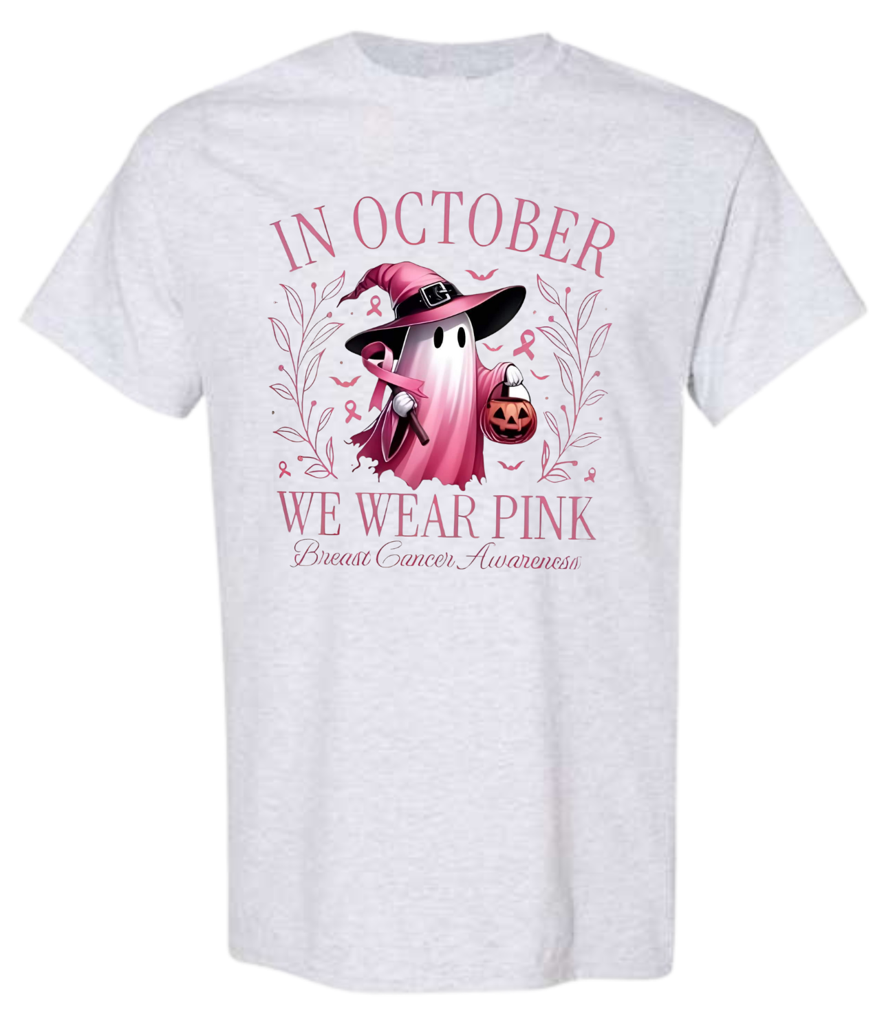In October We Wear Pink ghost shirt for Halloween, supporting awareness.