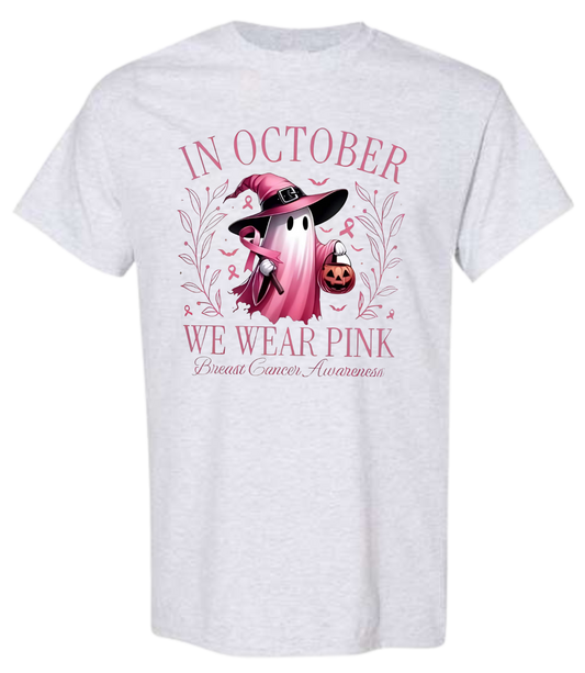 In October We Wear Pink ghost shirt for Halloween, supporting awareness.