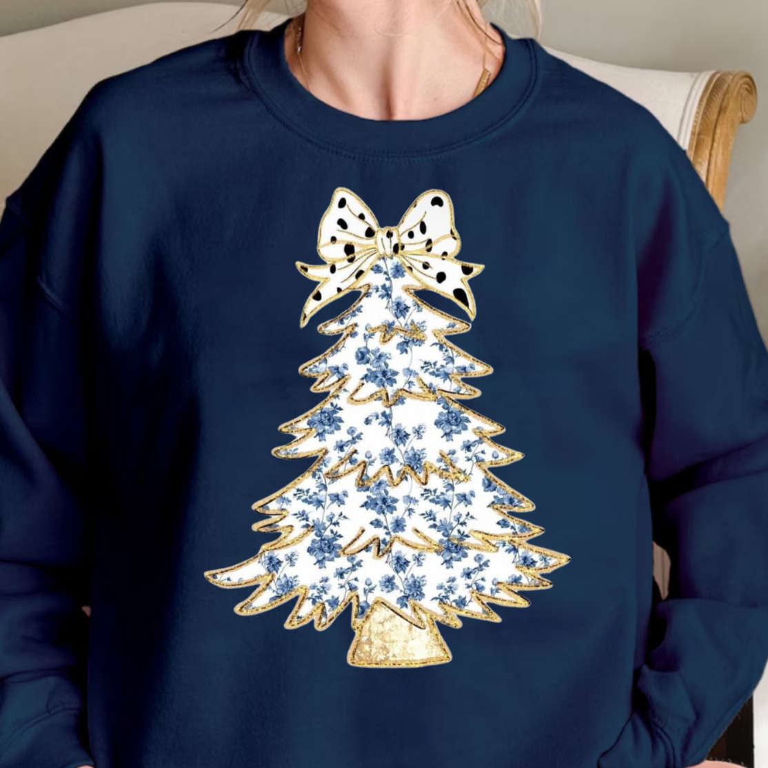 Blue Toile Christmas Tree shirt with unique holiday design.