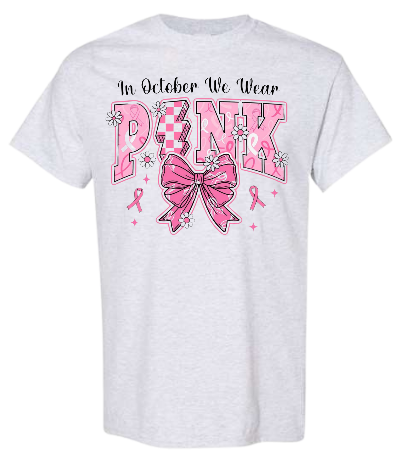 Breast Cancer Awareness Month "In October We Wear Pink" shirt with pink ribbon design.