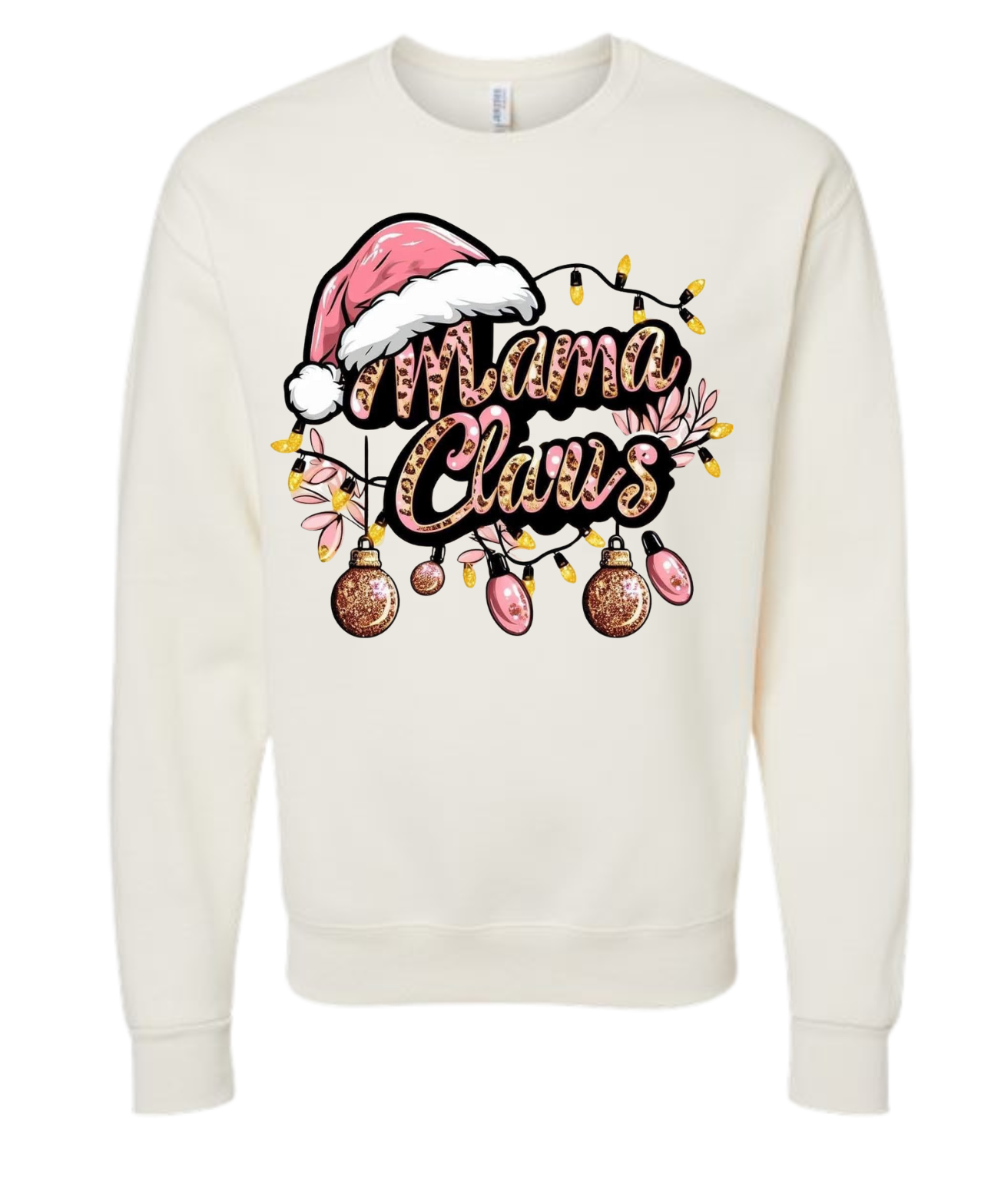 White sweatshirt featuring "Mama Claus" text with a pink Santa hat and festive decorations.