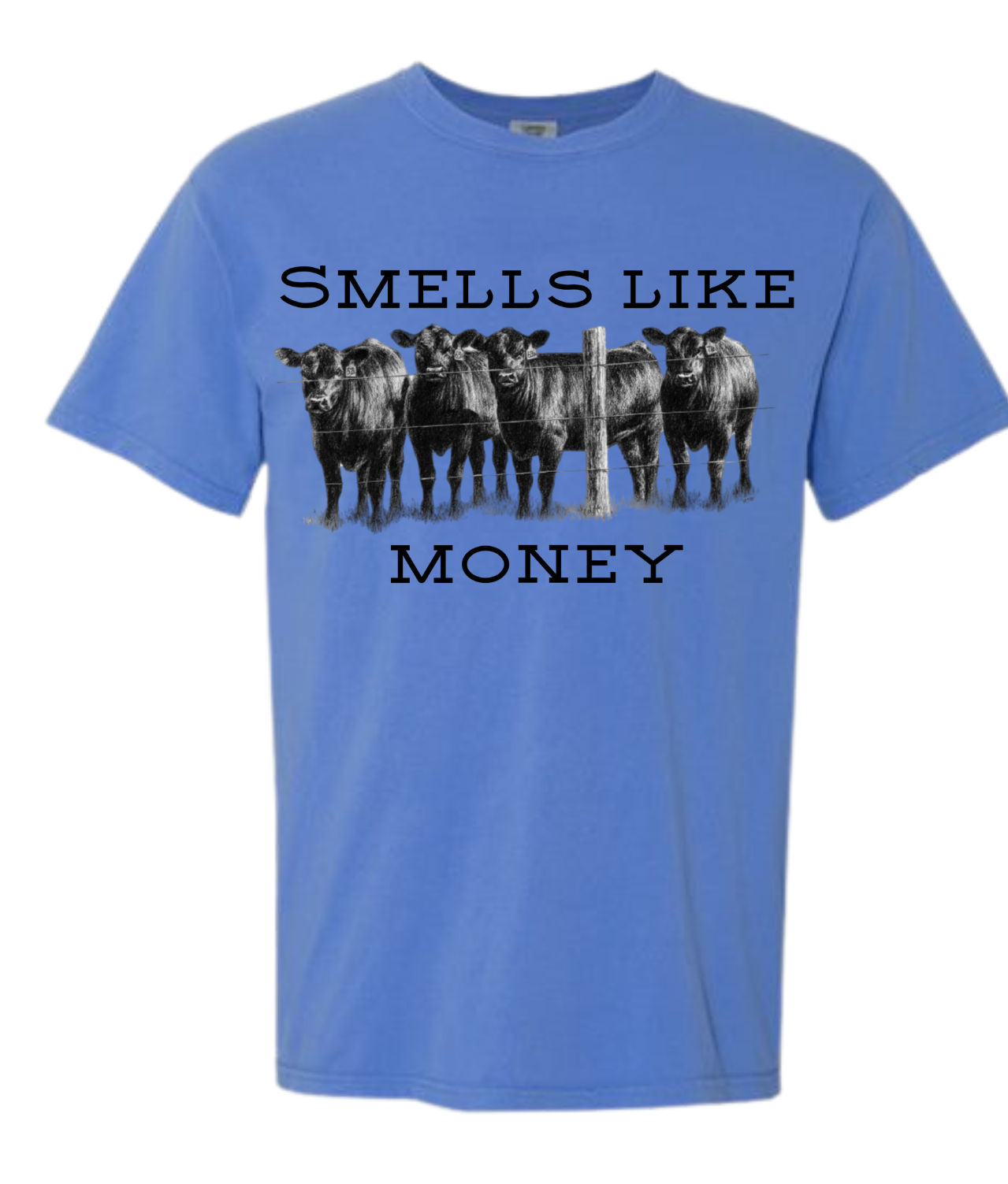 Smells Like Money t-shirt with cow design on blue background.