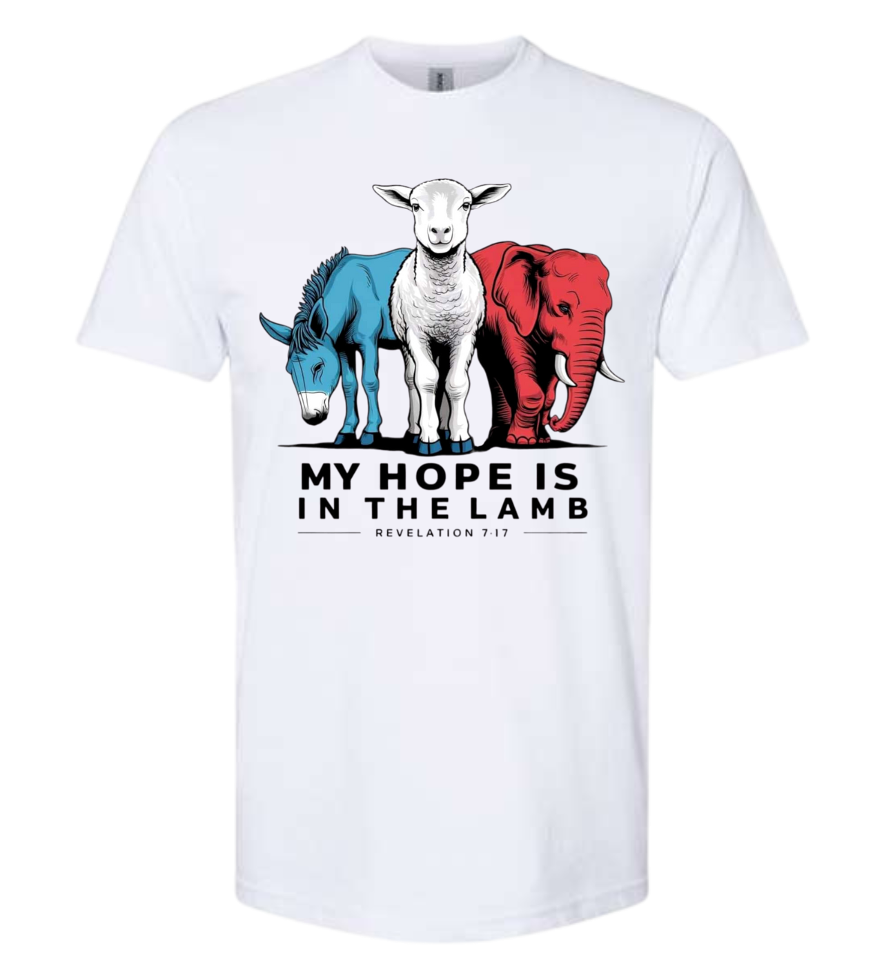 Spiritual and political beliefs T-shirt with "My Hope Is In The Lamb" design featuring a lamb, donkey, and elephant.