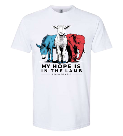 Spiritual and political beliefs T-shirt with "My Hope Is In The Lamb" design featuring a lamb, donkey, and elephant.