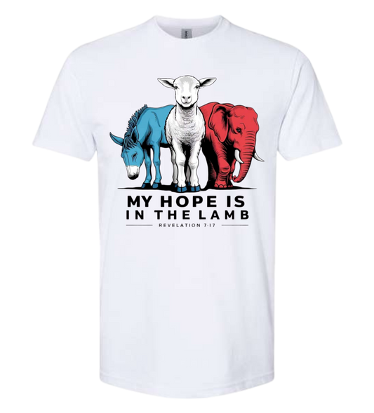 Spiritual and political beliefs T-shirt with "My Hope Is In The Lamb" design featuring a lamb, donkey, and elephant.