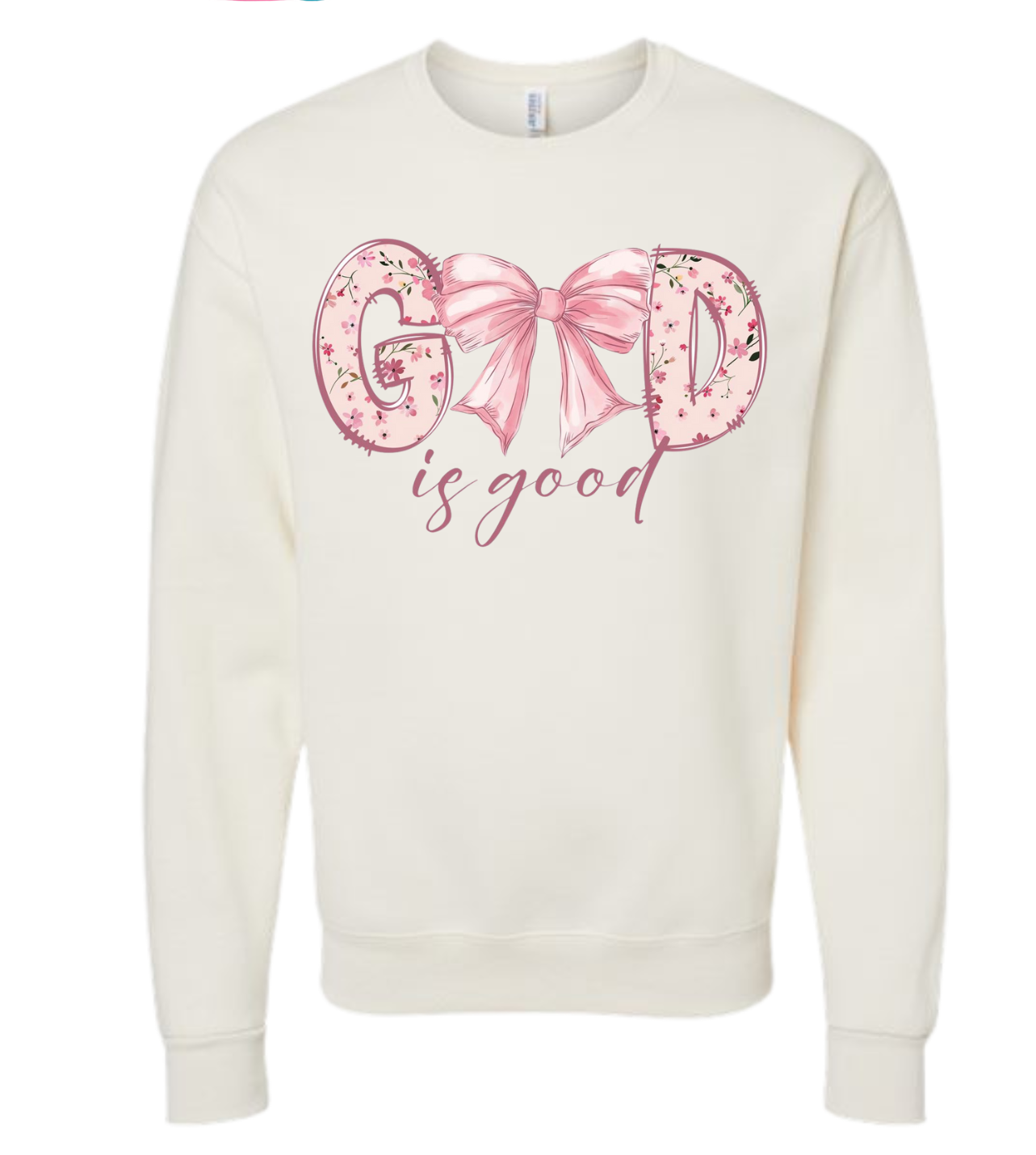 God Is Good shirt with pink floral design and bow.