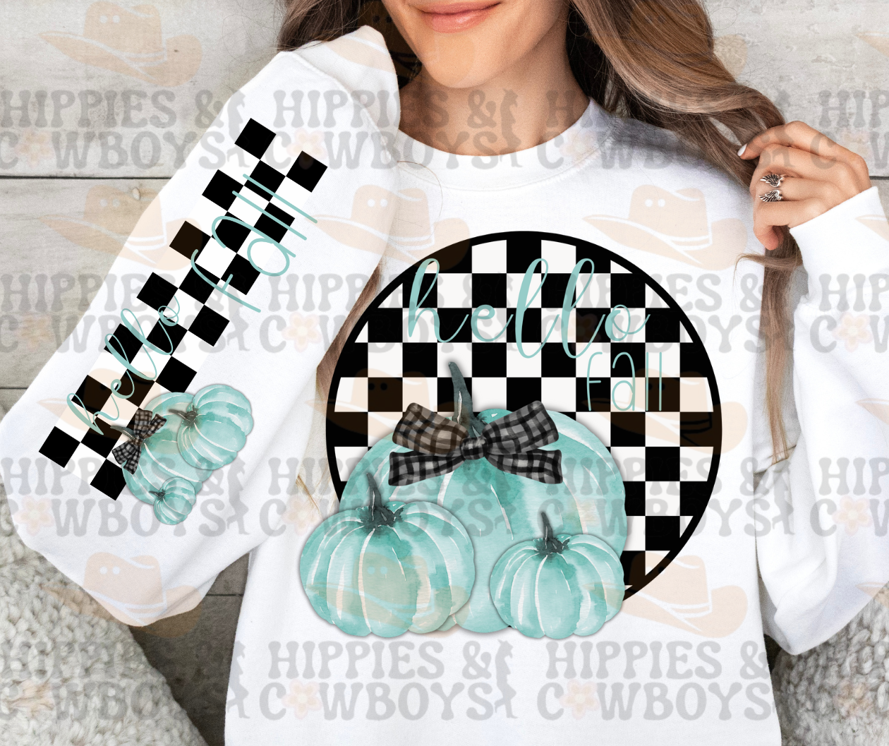 Cozy checked Happy Fall shirt with teal pumpkin design.