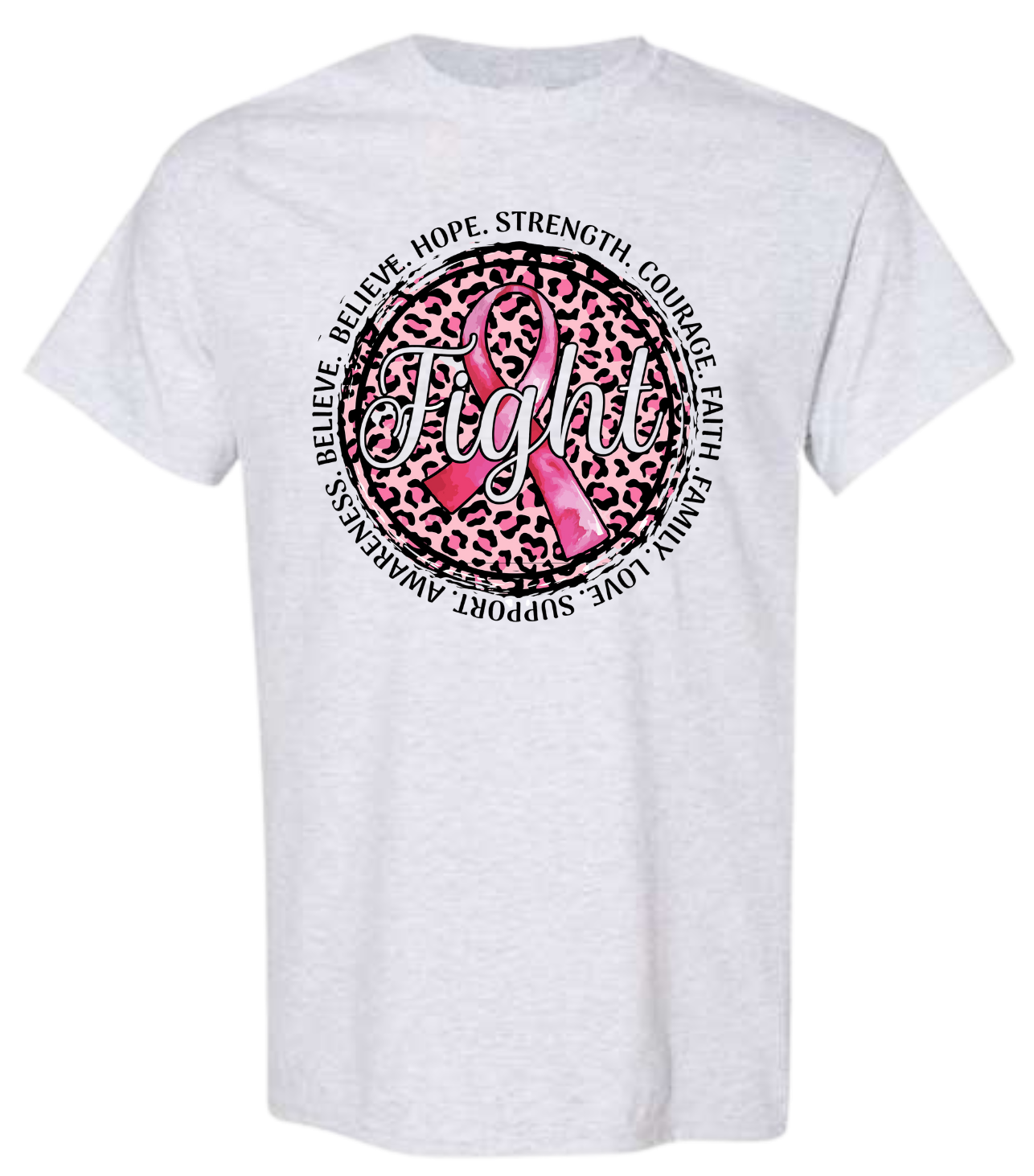 Breast cancer awareness shirt with pink ribbon and motivational words.