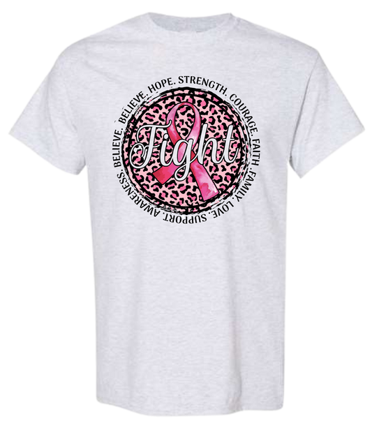 Breast cancer awareness shirt with pink ribbon and motivational words.