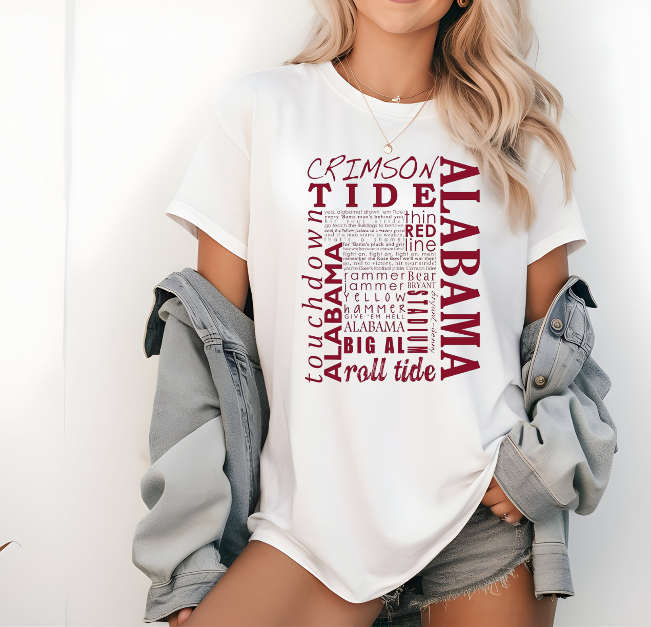 Crimson Tide Word Collage shirt featuring Alabama football design, perfect for fans.