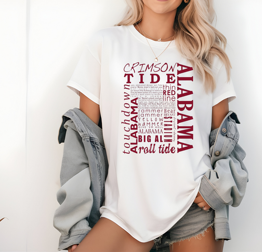 Crimson Tide Word Collage shirt featuring Alabama football design, perfect for fans.
