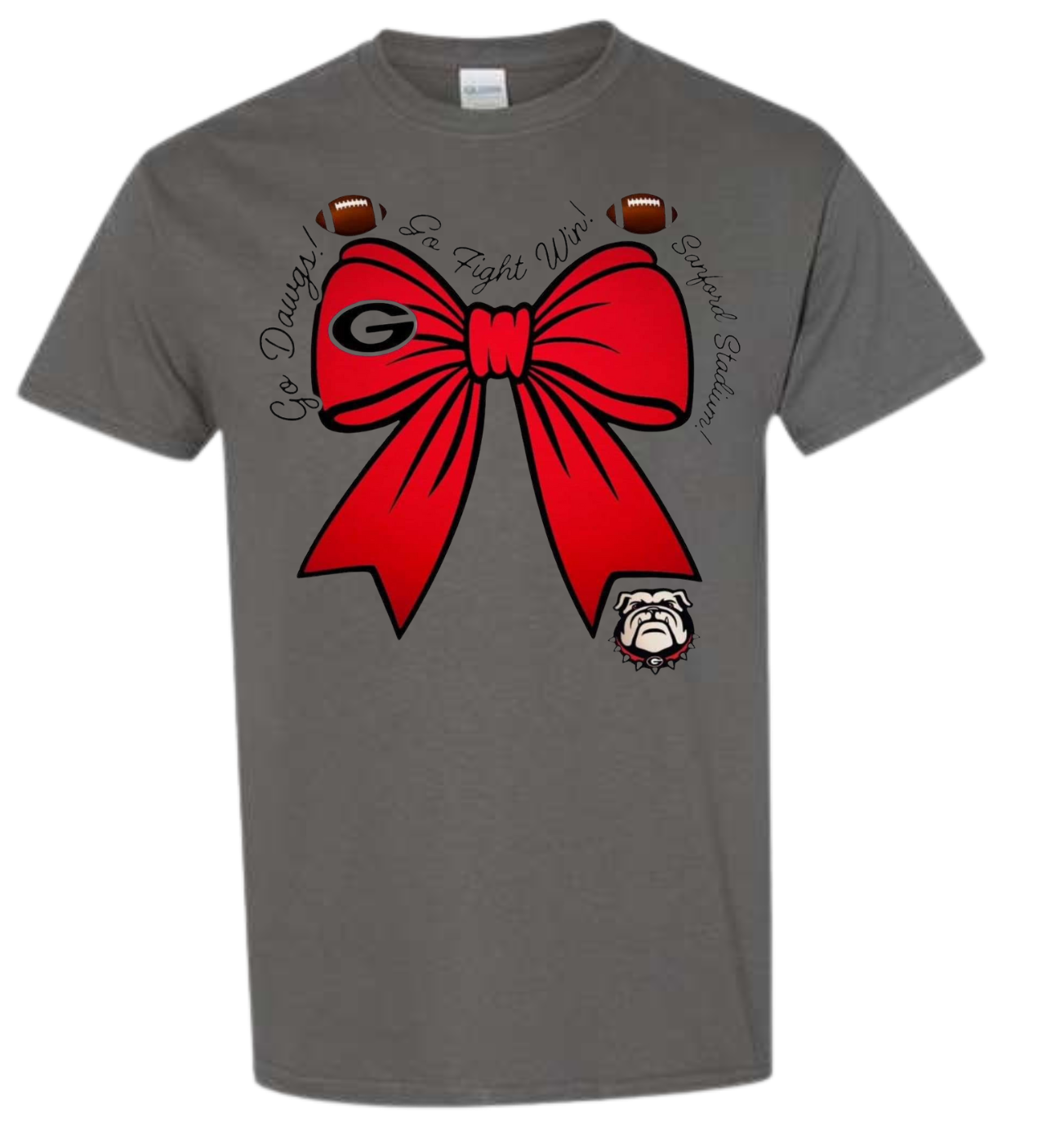 Go Daws Georgia Bow T-Shirt featuring a red bow design and sports theme.