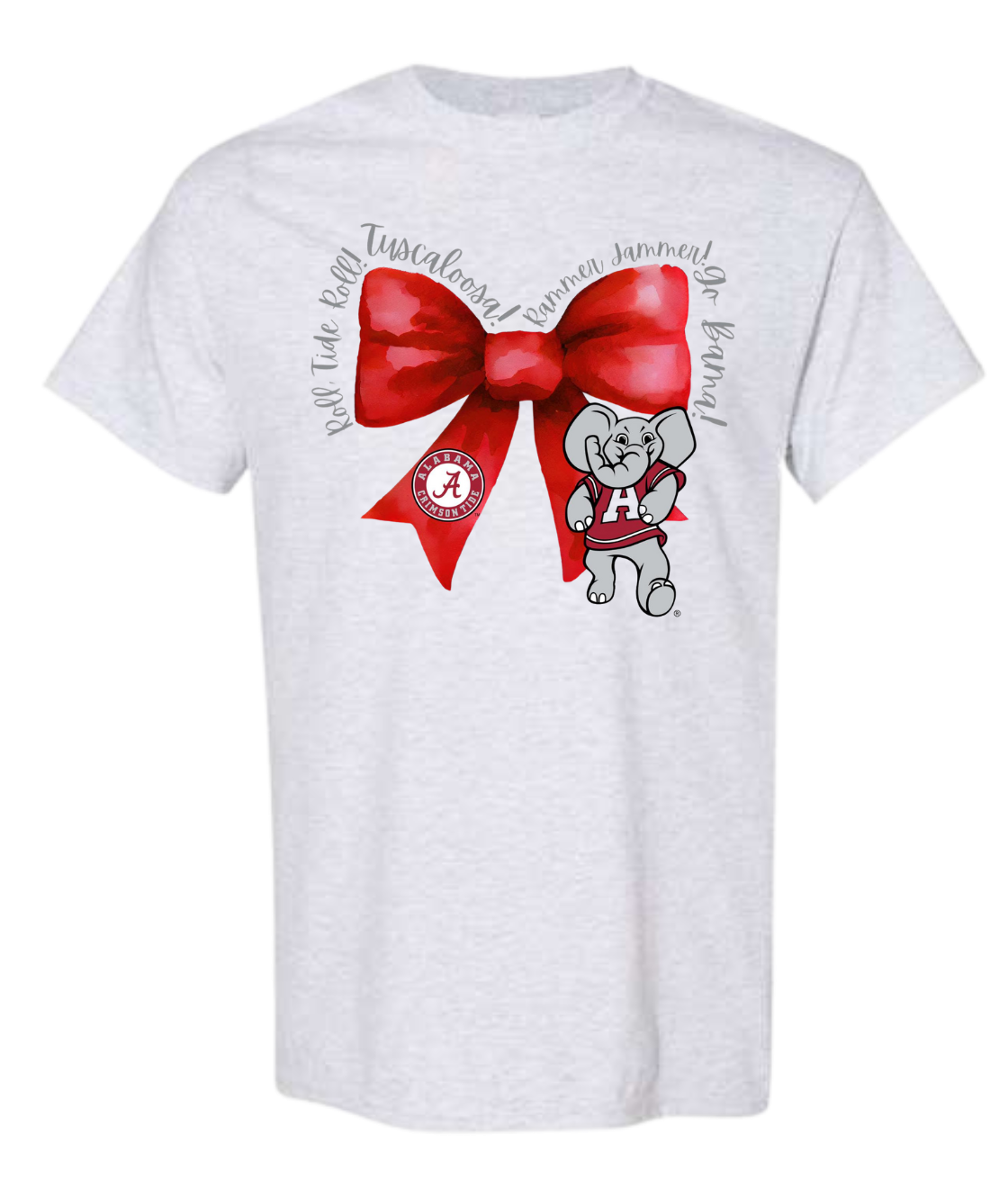 Rammer Jammer Alabama Bow T-Shirt with elephant and red bow design.